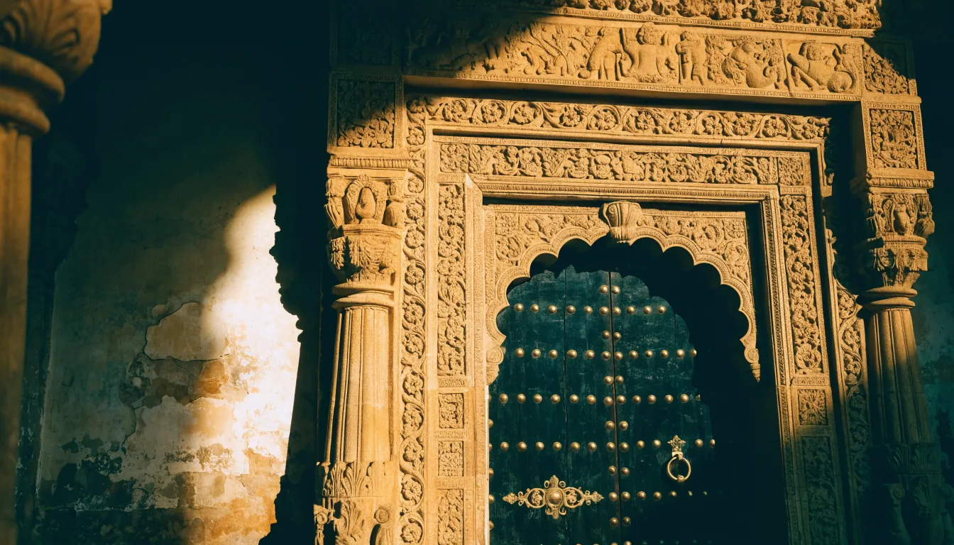 Carved wooden doorway set into a sandstone facade, old-city Gurugram