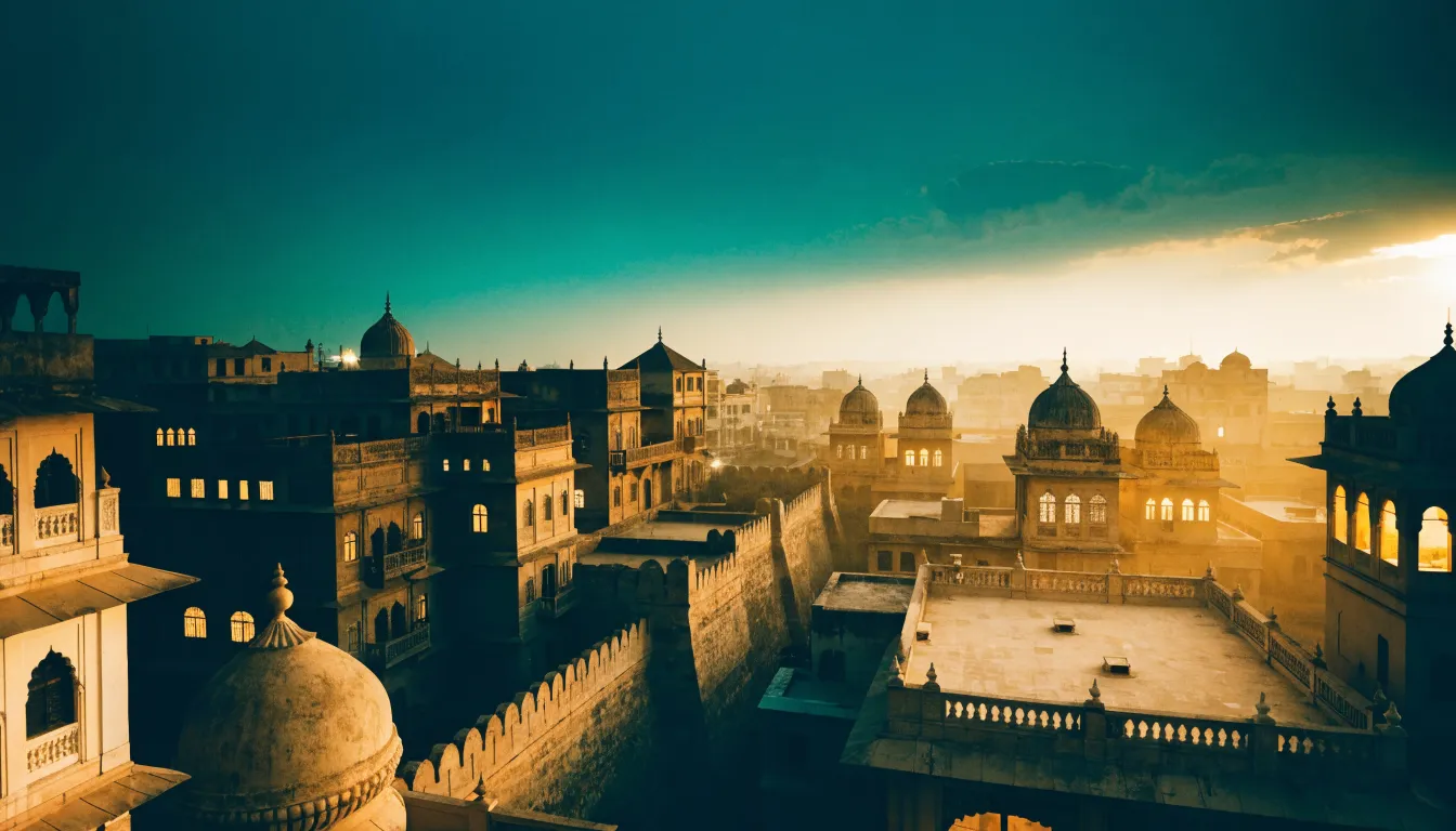 Weathered rooftops of an old Indian city, terraces stepping toward the skyline