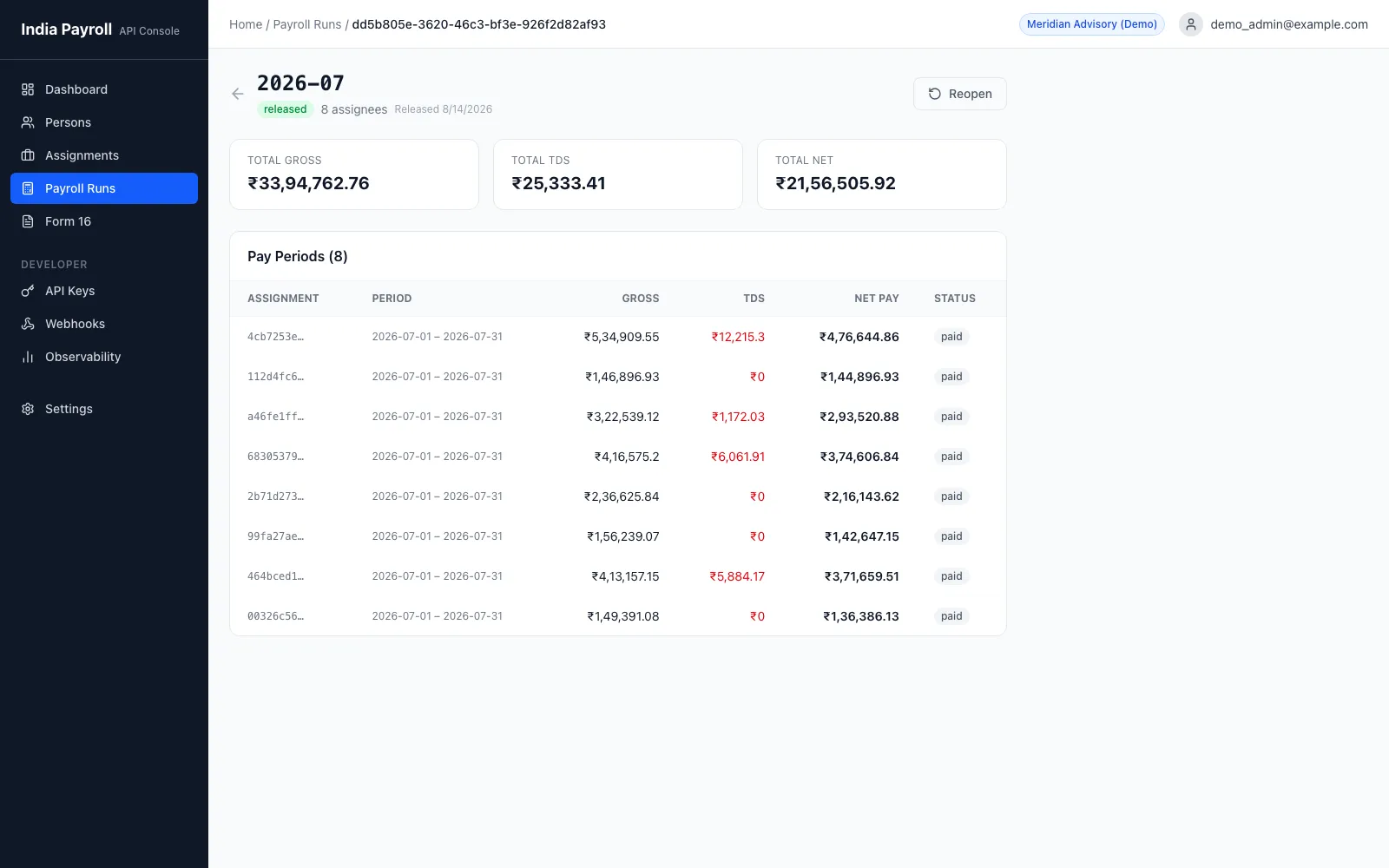 hrSQR platform screen: India shadow payroll run